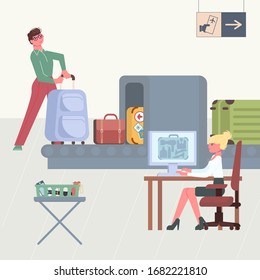 Transport conveyor belt for X-ray check passengers luggage scanning. Female Customs Officer examinatig Baggage. Flat Art Vector Illustration