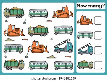 Transport Counting Game for Preschool Children. Count how many Educational a mathematical game. 