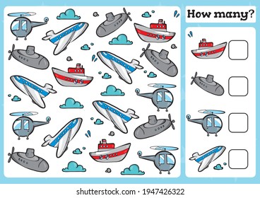 Transport Counting Game for Preschool Children. Count how many Educational a mathematical game. 