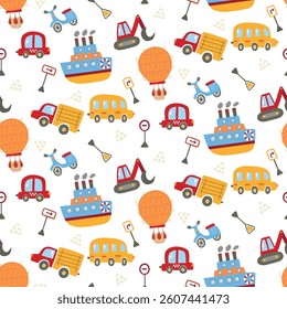 Transport cute childish icons seamless vector pattern