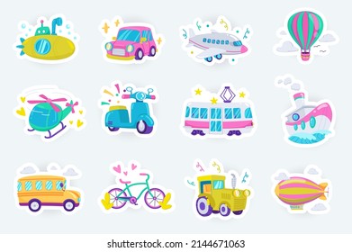 Transport cute stickers set in flat cartoon design. Bundle of submarine, car, airplane, helicopter, scooter, tram, ship, bus, tractor and other. Vector illustration for planner or organizer template