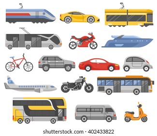 Transport decorative flat icons set with cars bus metro airplane train tram yacht motorcycle isolated vector illustration 