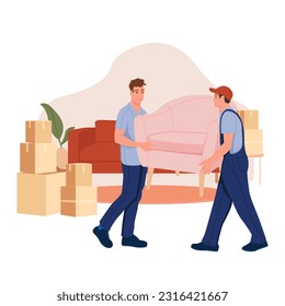 Transport and delivery company services. Two professional relocation service workers move the chair in the flat.