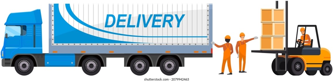 Transport for delivery of goods in warehouse of enterprise. Freight transport in storage with boxes. Delivery truck for transportation in factory. Truck with body for cargo vector illustration