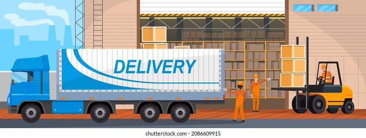 Transport for delivery of goods in warehouse of enterprise. Freight transport in storage with boxes. Delivery truck for transportation in factory. Truck with body for cargo vector illustration