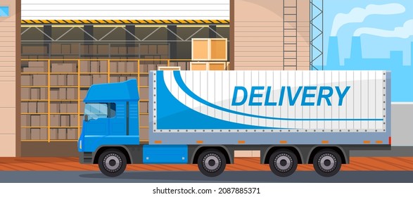 Transport for delivery of goods in warehouse of enterprise. Freight transport in storage with boxes. Delivery truck for transportation in factory. Truck with body for cargo vector illustration