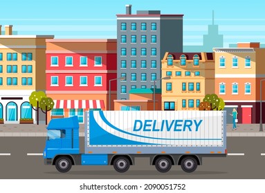 Transport for delivery of goods in warehouse of enterprise. Freight transport in storage with boxes. Delivery truck for transportation in factory. Truck with body for cargo vector illustration