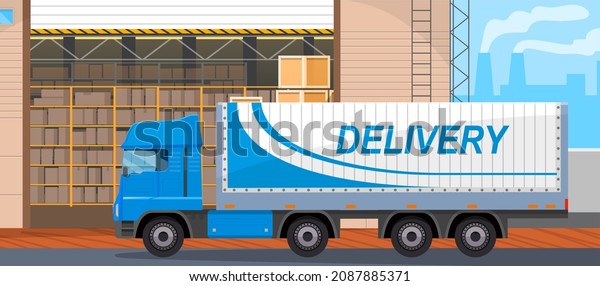 Transport for delivery of goods in warehouse\
of enterprise. Freight transport in storage with boxes. Delivery\
truck for transportation in factory. Truck with body for cargo\
vector illustration
