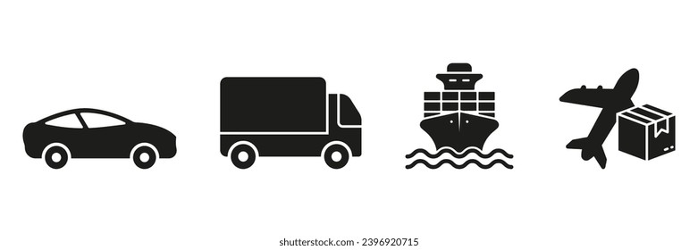 Transport For Delivery Service Silhouette Icon Set. Car, Truck, Ship, Plane Symbol Collection. Cargo Shipment And Transportation Pictogram. Shipping Vehicle Solid Sign. Isolated Vector Illustration.