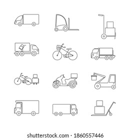 Transport for delivery Vector linear icons set. Transport delivery service concept.