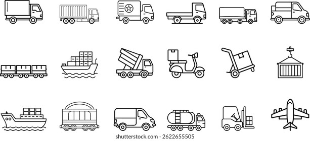 Transport and Delivery Vehicle Icon Set  20 Line Art Symbols Including Trucks, Ships, Vans, Airplanes, Scooters, and Containers for Shipping, Cargo, Freight, and Logistics Design Projects, vector .