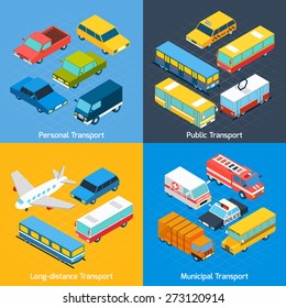 Transport design concept set with public personal long-distance and municipal isometric icons set isolated vector illustration