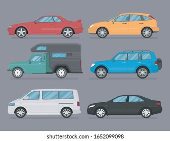 Transport design on grey background. Hatchback, sport car, universal, truck, van, pickup, muscle car, campervan, house on wheels, suv cartoon vector illustration