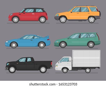 Transport design on grey background. Hatchback, sport car, universal, truck, van, pickup, muscle car, suv, cartoon vector illustration