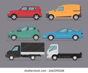 Transport design on grey background. van, truck, suv, sport car, hatchback, cartoon vector illustration