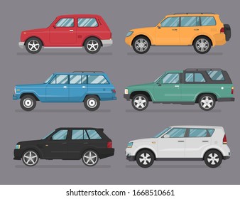 Transport design on grey background. Suv, 4x4 cartoon vector illustration