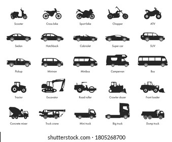 Transport design over white background, vector illustration. Collection car icon set. Motorcycle, car, bus, special machinery