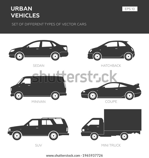 Transport design over white background, vector\
illustration. Collection car icon set - sedan, hatchback, van,\
coupe, suv, truck