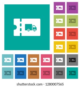 Transport discount coupon multi colored flat icons on plain square backgrounds. Included white and darker icon variations for hover or active effects.