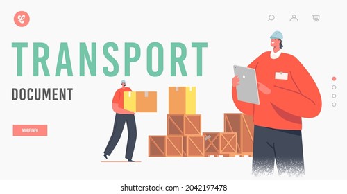 Transport Document Landing Page Template. Storehouse Distribution. Inventory Manager Characters Accounting Goods in Warehouse. Store or Stock Production Assortment. Cartoon People Vector Illustration