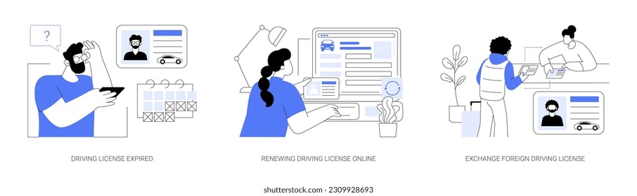 Transport documents abstract concept vector illustration set. Driving license expired, renewing driving license online, exchange foreign road traffic documents, bureaucracy abstract metaphor.