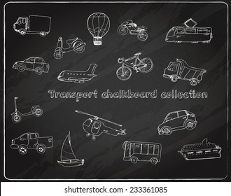 Transport doodle chalkboard decorative icons set with truck balloon bike tram isolated vector illustration