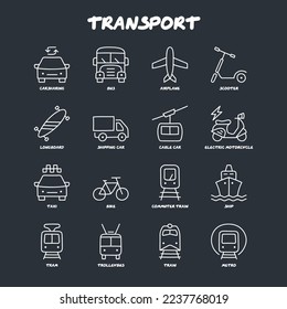 Transport doodle icons set. Metro, train, trolleybus, airplane, scooter, carsharing, bus, cable car, electric motorcycle, longboard. Vector illustration.