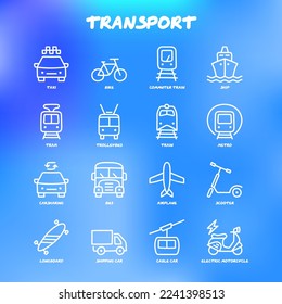 Transport doodle icons set. Metro, train, trolleybus, airplane, scooter, carsharing, bus, cable car, electric motorcycle, longboard. Vector illustration.