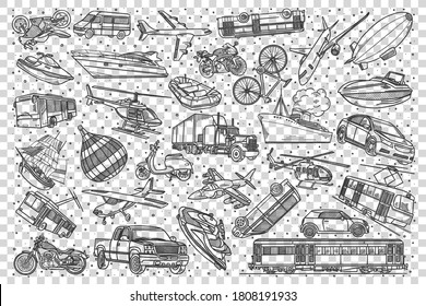 Transport doodle set. Collection of hand drawn pattern templates sketches of vehicles cars automobiles trucks trains planes boats on transparent background. Transportation illustration.