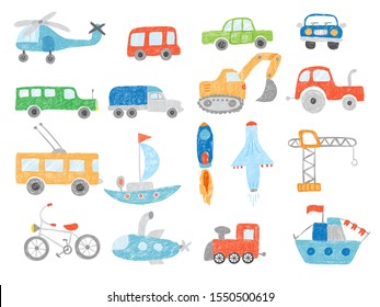 Transport doodles. Kids drawing technics tractor cars plane and ship vector pictures isolated