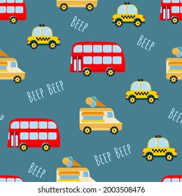 Transport. Double decker bus, taxi, ice cream van. Endless textures for your design. Flat style.