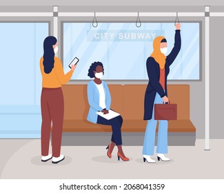 Transport during pandemic flat color vector illustration. Safe commuting during quarantine. Inside subway train. Passengers in face masks 2D cartoon characters with transport interior on background