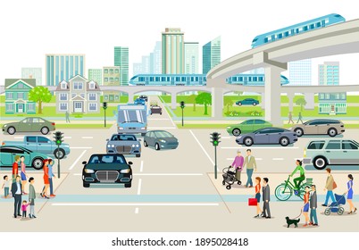 Transport with elevated train, bus and road transport illustration