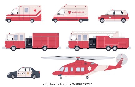 Transport of emergency services. Ambulance, fire, and police vehicles. Official special transport of the aid service. Vector illustration