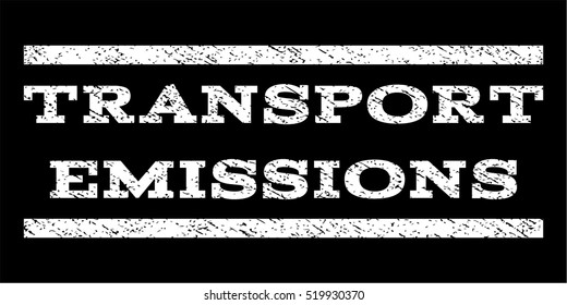 Transport Emissions watermark stamp. Text caption between horizontal parallel lines with grunge design style. Rubber seal stamp with dust texture. Vector white color ink imprint on a black background.