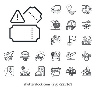 Transport entrance sign. Plane, supply chain and place location outline icons. Tickets line icon. Paid admission ticket symbol. Tickets line sign. Taxi transport, rent a bike icon. Travel map. Vector