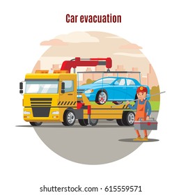 Transport evacuation service template with worker holding toolbox and tow truck with loaded car vector illustration
