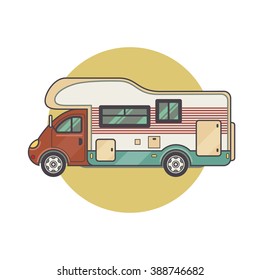 Transport facility - caravan - car for travel and recreation. Vector illustration motor home isolated on white background. Flat icon camping van. House on wheels for family tourist comfort.