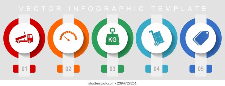 Juego de iconos de diseño plano de transporte, iconos varios como camión, velocímetro, kg, flecha y boleto, plantilla de infografía vectorial, colección de botones web