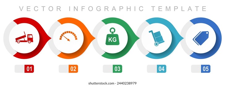 Transport flat design infographic template, miscellaneous symbols such as truck, speedmeter, kg, barrow and ticket, vector icons collection