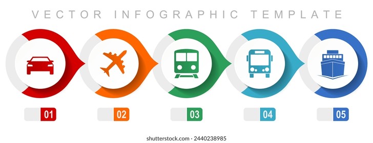 Transport flat design infographic template, miscellaneous symbols such as car, plane, train, bus and ship, vector icons collection