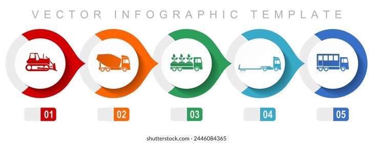 Transport flat design infographic template, miscellaneous symbols such as bulldozer, concrete mixer, truck and delivery, vector icons collection