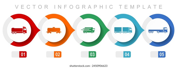 Plantilla de infografía de diseño plano de transporte, símbolos diversos como camión, cisterna, vagón y entrega, iconos vectoriales de colección