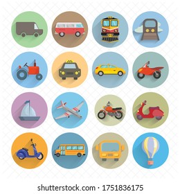 transport flat icon set with long shadow car, bus, plane, ship, motorcycle, taxi car