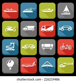 Transport flat icons set with roller skate balloon plane isolated vector illustration