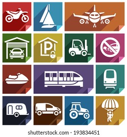 Transport flat icons with shadow, stickers square shapes, retro colors - Set 08