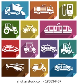 Transport flat icons with shadow, stickers square shapes, retro colors - Set 06