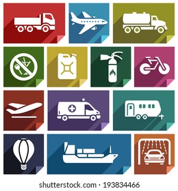 Transport flat icons with shadow, stickers square shapes, retro colors - Set 02