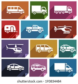 Transport flat icons with shadow, stickers square shapes, retro colors - Set 03