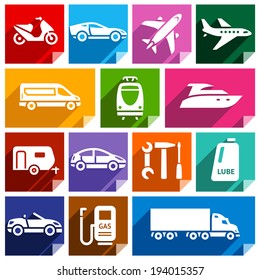 Transport flat icons with shadow, stickers square shapes, bright colors - Set 09